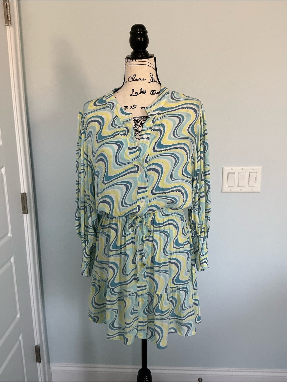 Skemo Blue and Green Swirl Long Sleeve Drawstring Dress